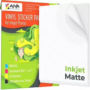 Printable Vinyl Sticker Paper for Inkjet Printer Matte White 15 pcs Letter Size - Picture 1 of 1