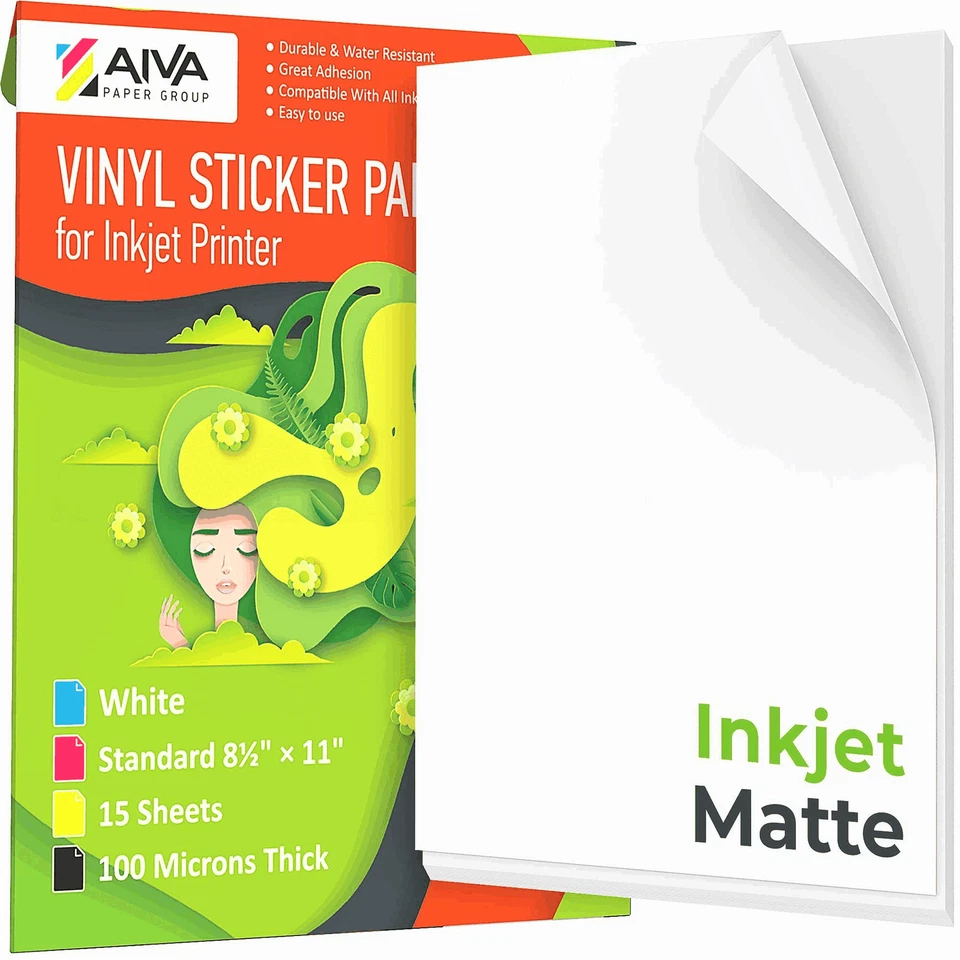 Printable Vinyl Sticker Paper for Inkjet Printer Matte White 15 pcs Letter Size - Image 1 of 1
