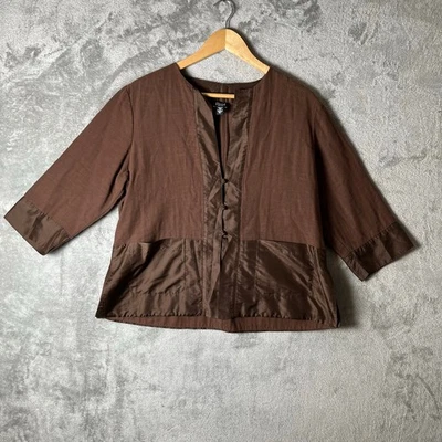 Chaqueta abierta Eileen Fisher marrón chocolate algodón seda artística minimalista pequeña LG Foto 1 de 4