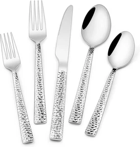 Hammered Silverware Set, 40-Piece Stainless Steel Square Mirror Finish  - Picture 1 of 7