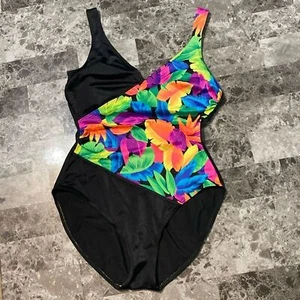 Maillot Baltex "Body I.D." 90's Tropical One-Piece Swimsuit - Size 14 C/D - Picture 1 of 10