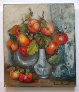 Emma Bunt (b. 1862) Early 20th C Oil On Canvas. Still Life 'Persimmon's In Blue' - Picture 1 of 5