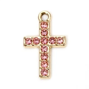 10 Stunning Cross Shaped Gold Pendant Charms with Micro Pave Pink Rhinestones - Picture 1 of 1