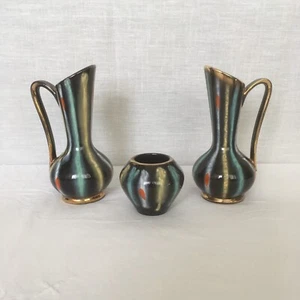 3 x Jasba Keramik Fat Lava Jugs & Small Pot 1950's Abstract Drip Glaze - Picture 1 of 20