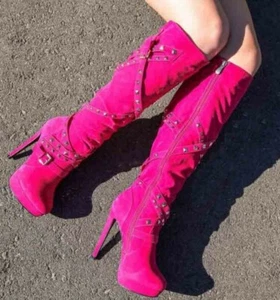 Ladies Buckle Zipper Lace Up Knee High Boots High Heel Stilettos Clubwear 35-47 - Picture 1 of 12