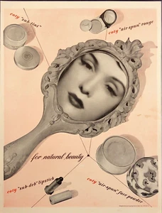 1942 Coty Maquillaje Mujer en Espejo Lápiz Labial Polvo Facial Rojo Subtinte Impresión Anuncio - Imagen 1 de 6