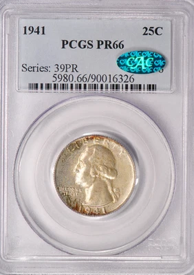 1941 TONED Washington Quarter Proof PCGS CAC PR66 PF 66 Light Toning Old Holder - Image 1 of 4
