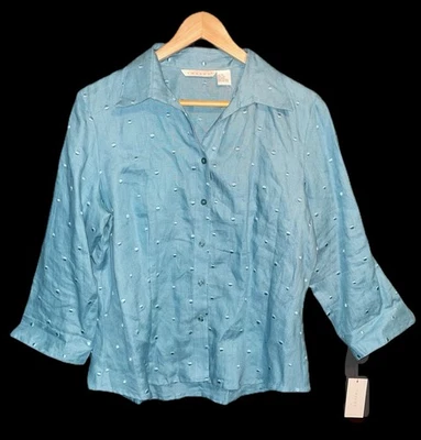 Tweeds Mujer Lino Manga 3/4 Bordado Turquesa Pálido Con Botones, Talla XL Foto 1 de 4