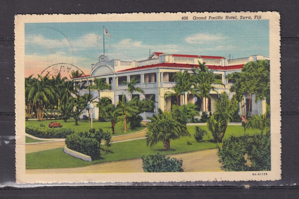 FIJI, GRAND PACIFIC HOTEL, 1941 ppc. SUVA, KGVI 1 1/2d. Man in Boat to NSW. - Image 1 of 1