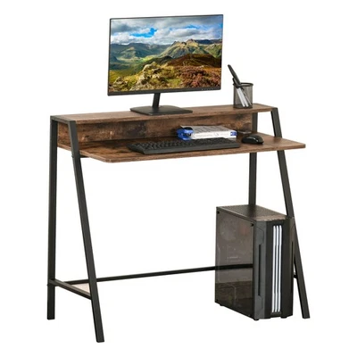 HOMCOM 2-Tier Storage Computer Workstation Metal Frame Rustic Brown 84cm - Image 1 of 4