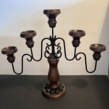 Vintage Wooden Candelabra 5 Metal Arm with Candle Holders 16” Tall