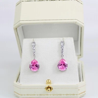 WHITE GOLD FINISH Pink Tourmaline Pear Cut Created Diamond Dangle Earrings - Image 1 of 4