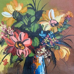 Vintage 1973 Jane Voight Oil On Canvas Painting Abstract Flower Vase Still Life - Picture 1 of 8