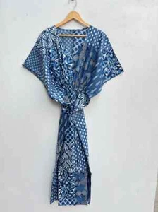 Indian Vintage 100% Cotton Long Beach Maxi Kaftan Dress One Size Caftan Kimono - Picture 1 of 9