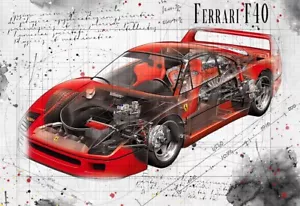 Line Tech Drawing Ferrari F40 Cutaway Art Poster Print - Picture 1 of 3