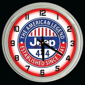 Jeep 4x4 The American Legend Sign 16" Red Neon Wall Clock Chrome Garage Decor - Picture 1 of 2