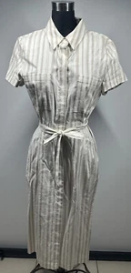 NWT Theory Women Linen Beige White Striped Button Up Belted Midi/maxi Dress - Picture 1 of 15