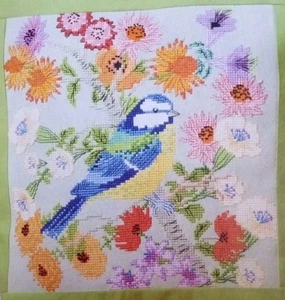 Cross Stitch "BLUE TIT" pattern ~ flowers, bird - Picture 1 of 1