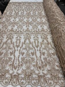 Champagne Beaded Fabric Embroidery Beads Fabric Lace Wedding Dress By The Yard