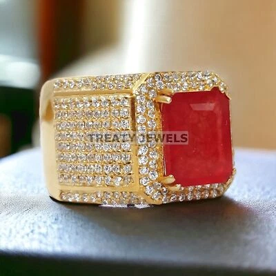 Ruby Cushion Cut With 925 Sterling Silver Gold Plated Ring For Men's #991 - Image 1 of 4
