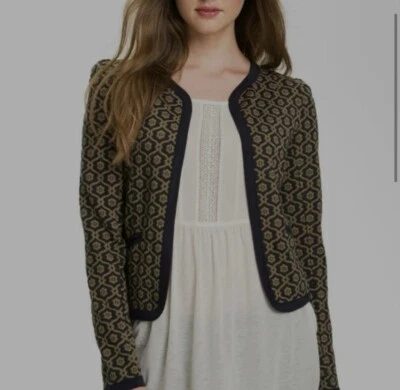 Chaqueta Jacquard FRENCHI Nordstrom Azul Marino Marrón Dorado Tejido Cárdigan Talla XS Foto 1 de 4