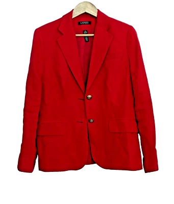 Jaqueta Blazer Feminina RALPH LAUREN Tamanho 12 100% Linho Vermelho Ouro Botões Náuticos - Imagem 1 de 4