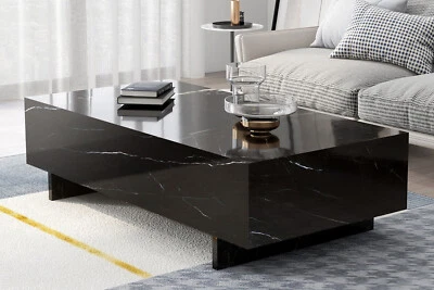 Black High Gloss Large Coffee Table Marble Veneer Rectangle Living RoomFurniture - Image 1 of 4