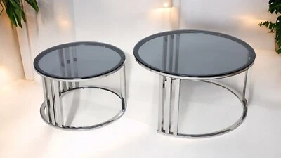Large Size 2 Pcs Rounded Black Glass Coffee Table set - Image 1 of 4