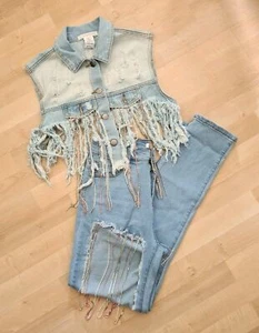 Hot & Delicious Denim Jacket Vest Pants Matching Holes Rhinestone Fringe Large L - Picture 1 of 11
