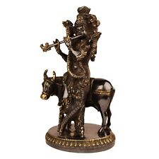 Brass Lord Krishna with Holy Cow on Carved Pedestal Idol Statue Figurine 9.5"