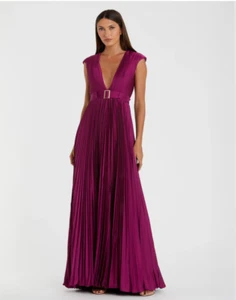 MAC DUGGAL 26285 PLEATED PLUNGE NECK BELTED A-LINE RASPBERRY  GOWN sz 4 - Picture 1 of 4