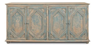 Four Diamonds Blue and White Distressed Finish Pine Wood Sideboard-76'' x 37''H - Image 1 of 4