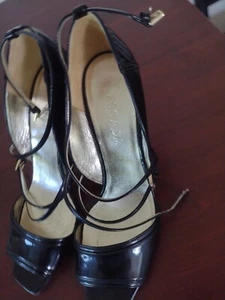 Escada strappy pointed high heel sandals 40 9 US black patent leather open toe - Picture 1 of 18