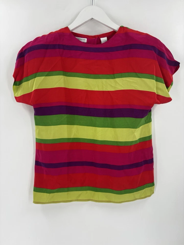 Blusa Liz Claiborne Vintage Feminina 6 Listrada Amarela Vermelha 100% Seda Botão Traseiro - Imagem 1 de 4