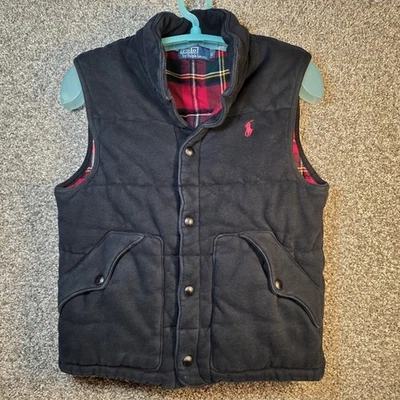 Polo Ralph Lauren Chaleco Para Hombres Pequeño Negro Rojo Franela a Cuadros Forrado Acolchado Puffer Foto 1 de 4
