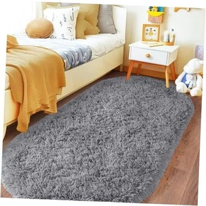 Fluffy Oval Area Rug for Bedroom Cute Plush Throw Rugs for 3.3x6.2 Feet Grey - Picture 1 of 7