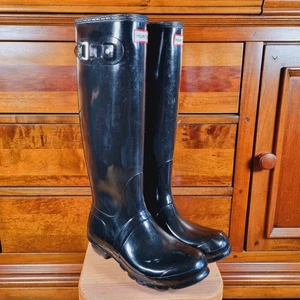 Hunter Wellies Wellington Boots Black Gloss Shiny Black Women's Size UK 6 - Picture 1 of 14