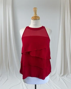 Rote Seide Rüschen Bluse romantisch hochgeschlossen feminin halbtransparent Lagenlook Top Small - Bild 1 von 3