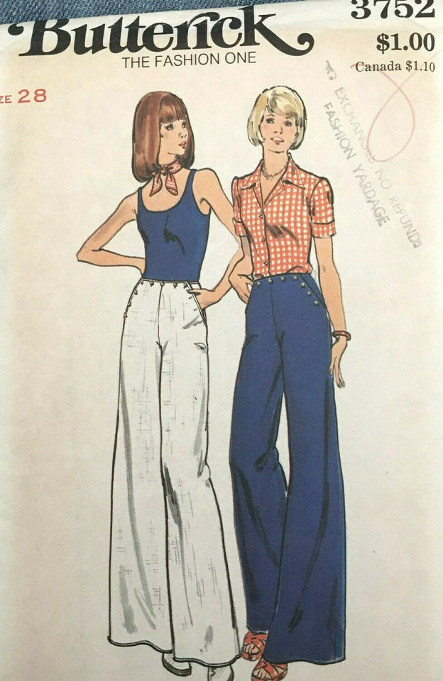1974 Vintage Sewing Pattern W28"  SAILOR PANTS (1897) Butterick 3752 - Image 1 of 2