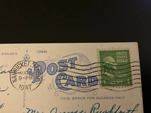 Bathing Beach,Nantucket, MA Post Card George Washington 1 Cent Stamp 1947 - Picture 1 of 4