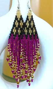 4 1/8" Handcrafted Beaded Purple Black Gold Seed Bead Tassel Dangle Earrings New - Picture 1 of 4