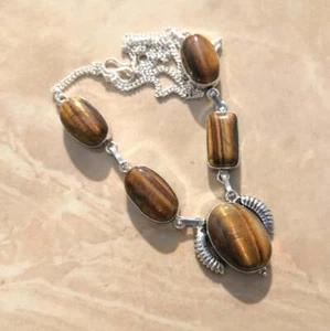 Handmade Dorato di Tigre Occhio Gemma 925 Argento Sterling Collana 19 " #N01687 - Foto 1 di 1