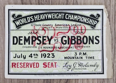 Vintage 1923 Jack Dempsey Vs Tom Gibbons Boxing Ticket Stub 7/4/23 Scarce $25 Cover