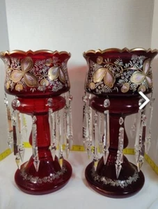 Antique Pair Ruby Red Mantle Lusters Hand-Painted Details w/ Prisms - Picture 1 of 3