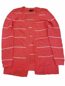 Womens Coral & White Striped Long Sleeve Open Front Cotton Cardigan Sweater - Picture 1 of 2