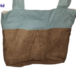 Jute Bag Shoulder Tote Purse Handbag Burlap canvas 2 tone pleated lined unused - Picture 1 of 6