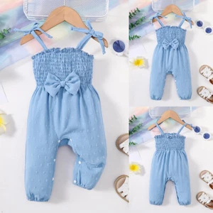 Baby Girls Sleeveless Bow Summer Solid Cute Floral Jumpsuits Rompers Long Pants - Picture 1 of 10