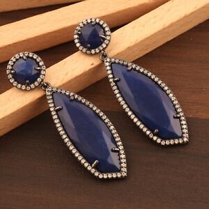 Trendy Wear Blue Jade Quartz CZ Quartz Black Rhodium Plated Drop Dangle Earrings
