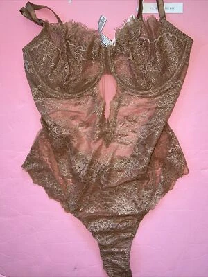 NWT Victoria's Secret XL 38D TEDDY ONE-piece BROWN GOLD foil lace WICKED Unlined - Image 1 of 4
