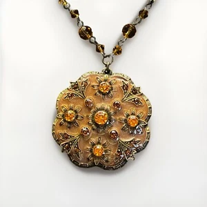 Peach Enamel Orange Rhinestone Amulet Pendant Glass Beaded Bronze Chain Necklace - Picture 1 of 15